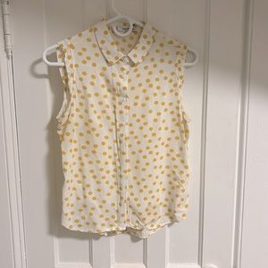 EUC Mango White and Yellow Polka Dots Sleeveless Button Shirt (Size S)